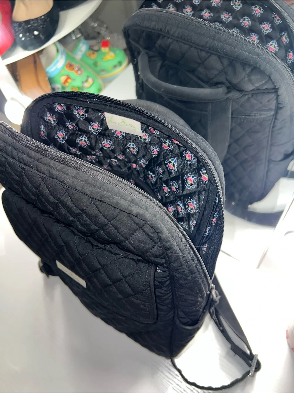 Vera Bradley Black Quilted Backpack with Floral Interior